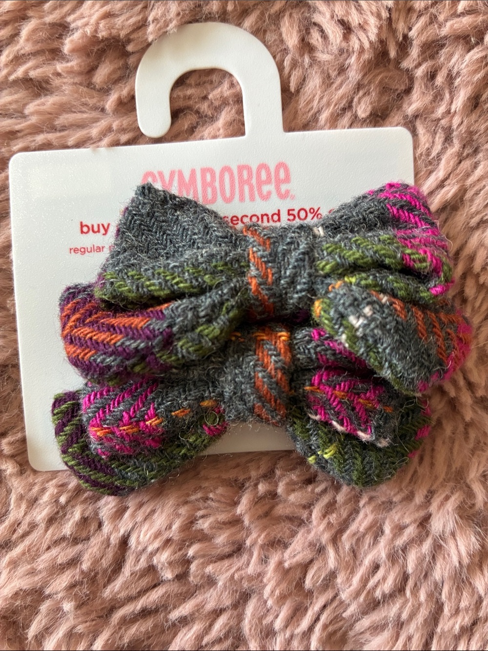 Gymboree Gray Plaid Bow Hair Clips with Pink, Orange & Green Stitching